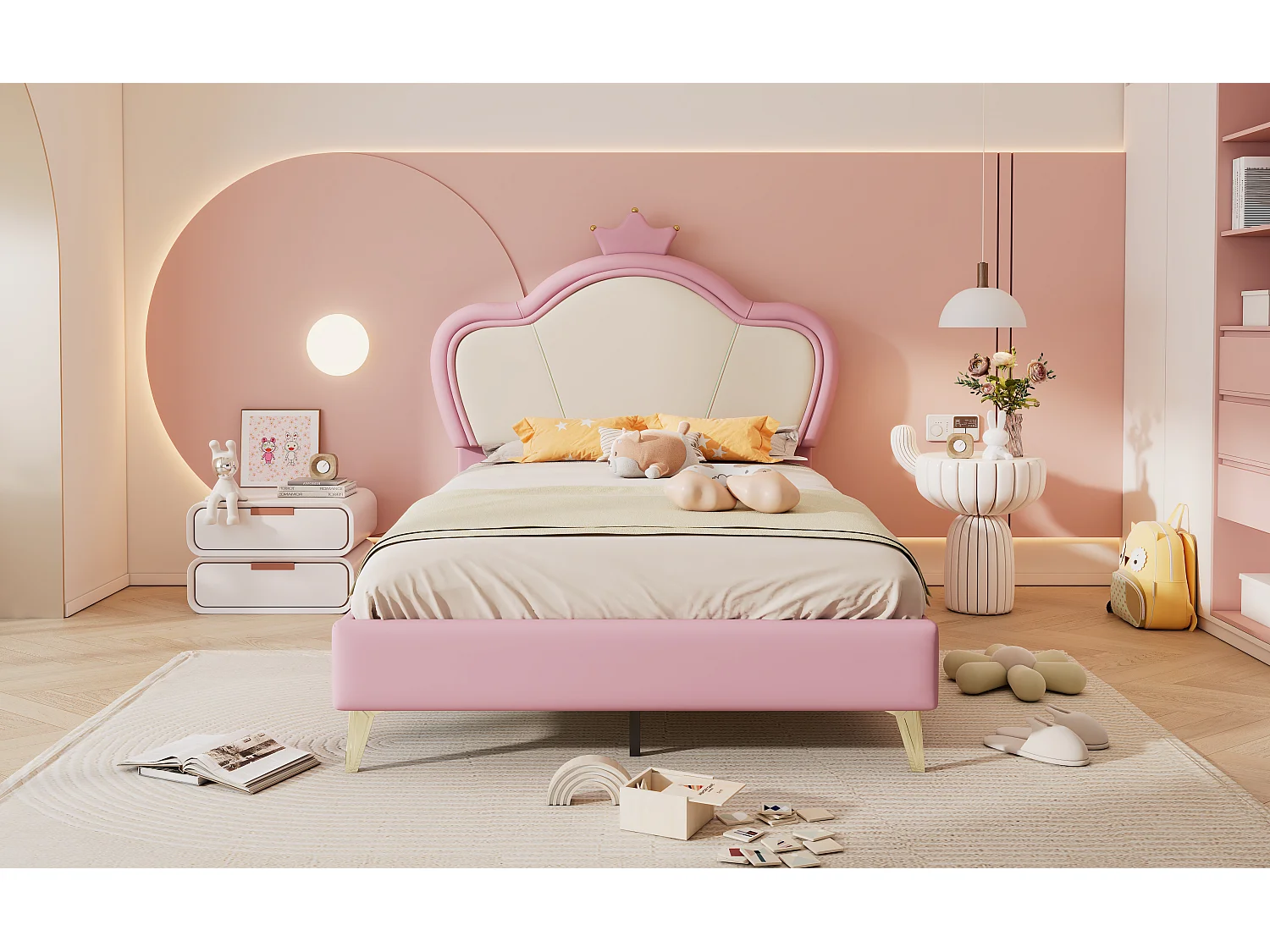 Letto imbottito 90 x 200 cm - Testiera con corona - Pelle PU e gambe in metallo - Rosa + bianco (senza materasso)