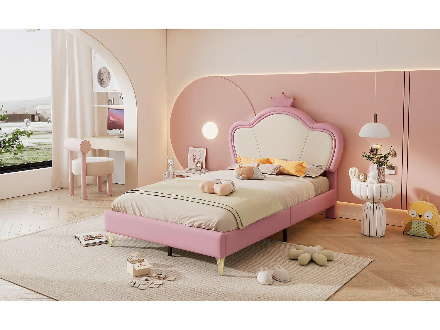 Lit capitonné 90 x 200 cm - Tête de lit avec couronne - Cuir PU et pièds en métal - Rose + blanc (sans matelas)