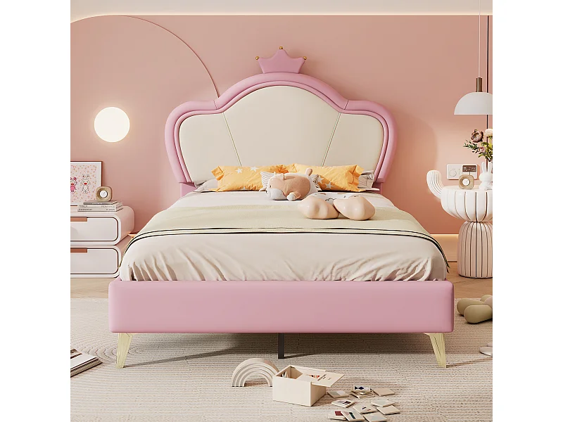Gestoffeerd bed 90 x 200 cm - Hoofdeinde met kroon - PU leer en metalen poten - Roze + wit (zonder matras)