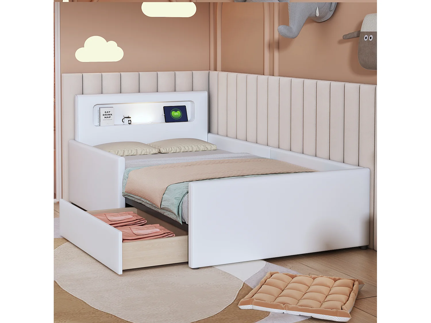 Lit capitonné 90 x 200 cm avec 1 tiroir, veilleuse et prise USB - Simili cuir - Blanc (sans matelas)