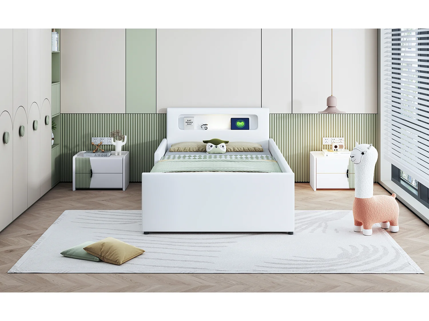 Lit capitonné 90 x 200 cm avec 1 tiroir, veilleuse et prise USB - Simili cuir - Blanc (sans matelas)