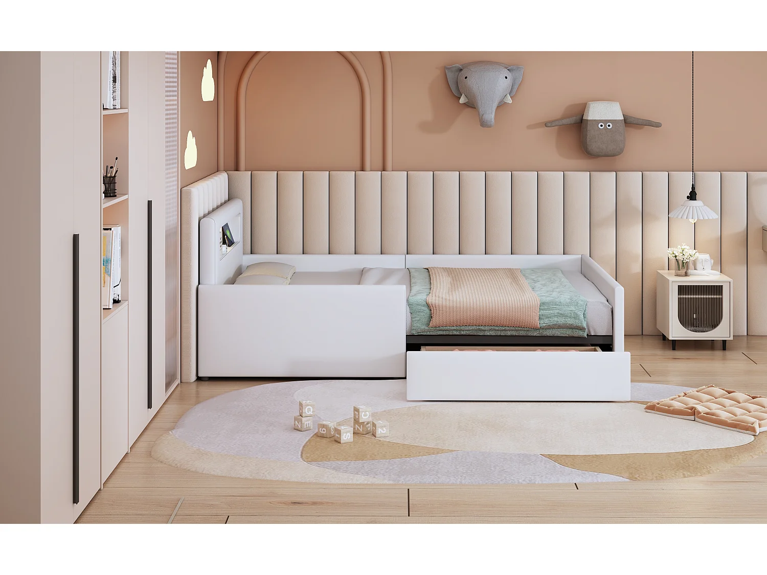 Lit capitonné 90 x 200 cm avec 1 tiroir, veilleuse et prise USB - Simili cuir - Blanc (sans matelas)