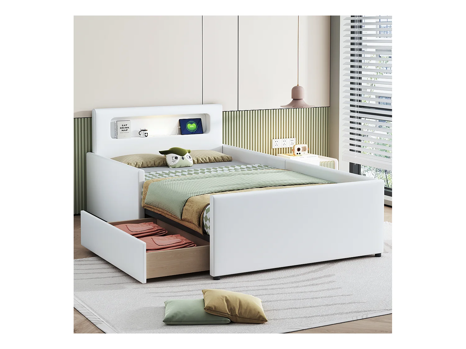 Lit capitonné 90 x 200 cm avec 1 tiroir, veilleuse et prise USB - Simili cuir - Blanc (sans matelas)