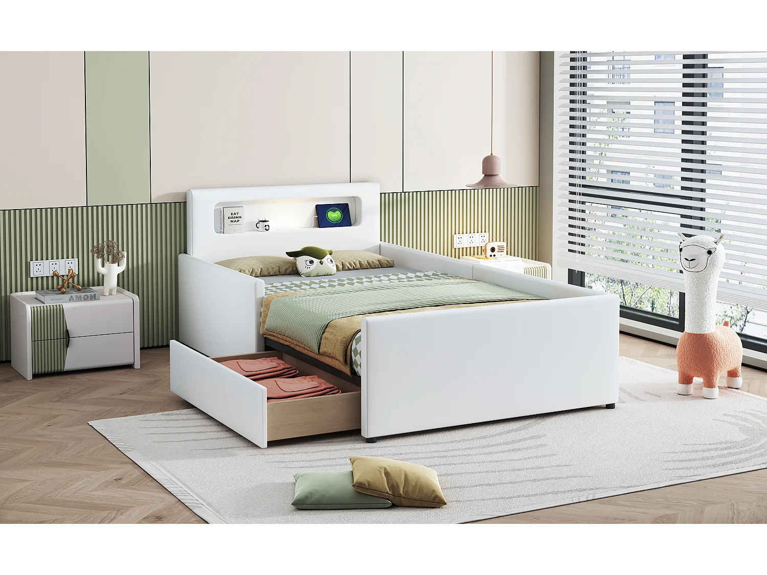 Gestoffeerd bed 90 x 200 cm met 1 lade, nachtlampje en USB-aansluiting - Kunstleer - Wit (zonder matras)