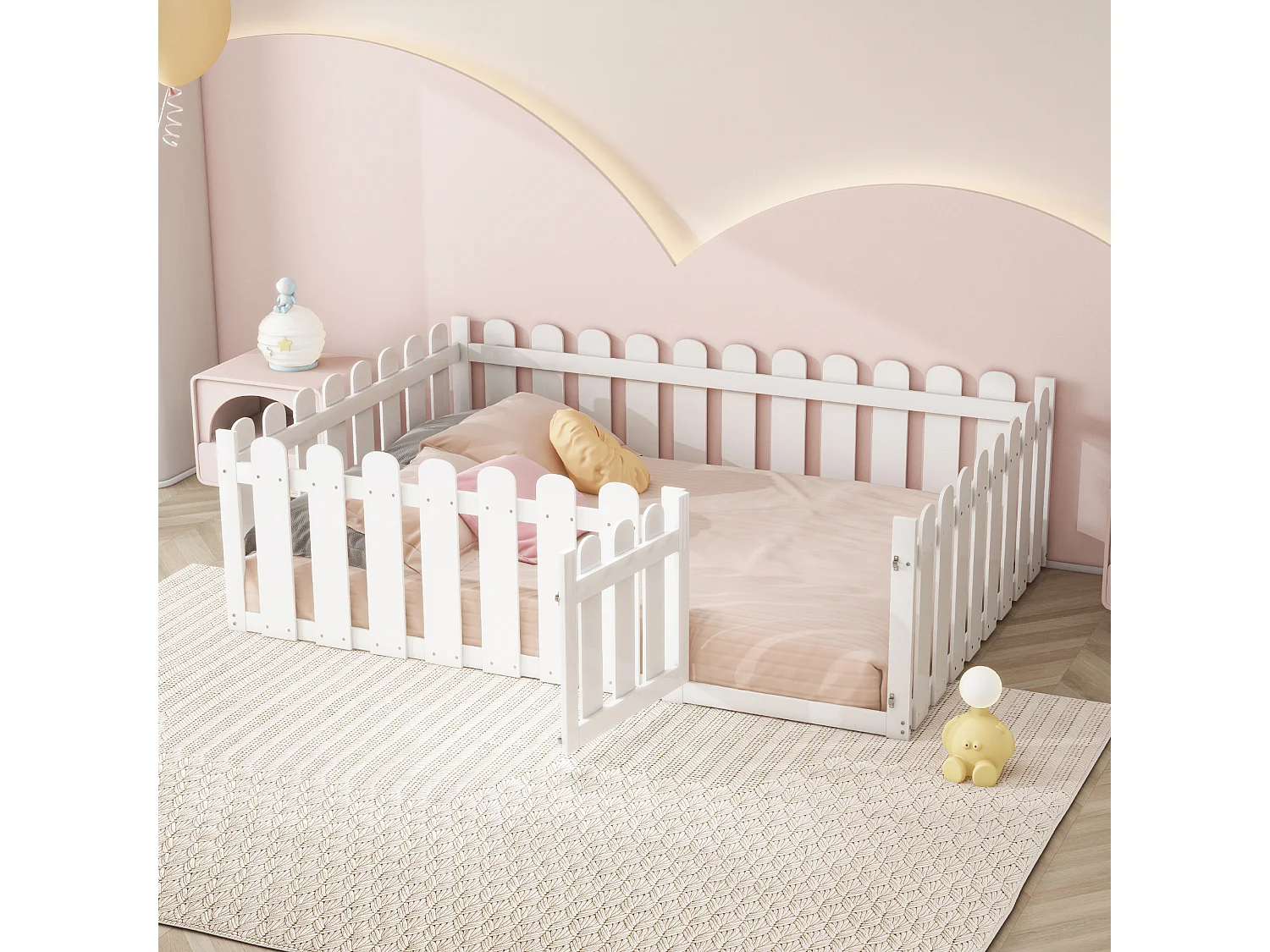 Kinderbed 140 x 200 cm, houten bedframe met rand en deur, wit (zonder lattenbodem)