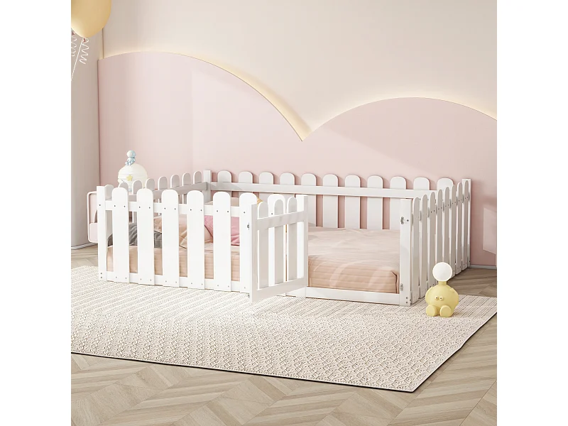 Kinderbed 140 x 200 cm, houten bedframe met rand en deur, wit (zonder lattenbodem)