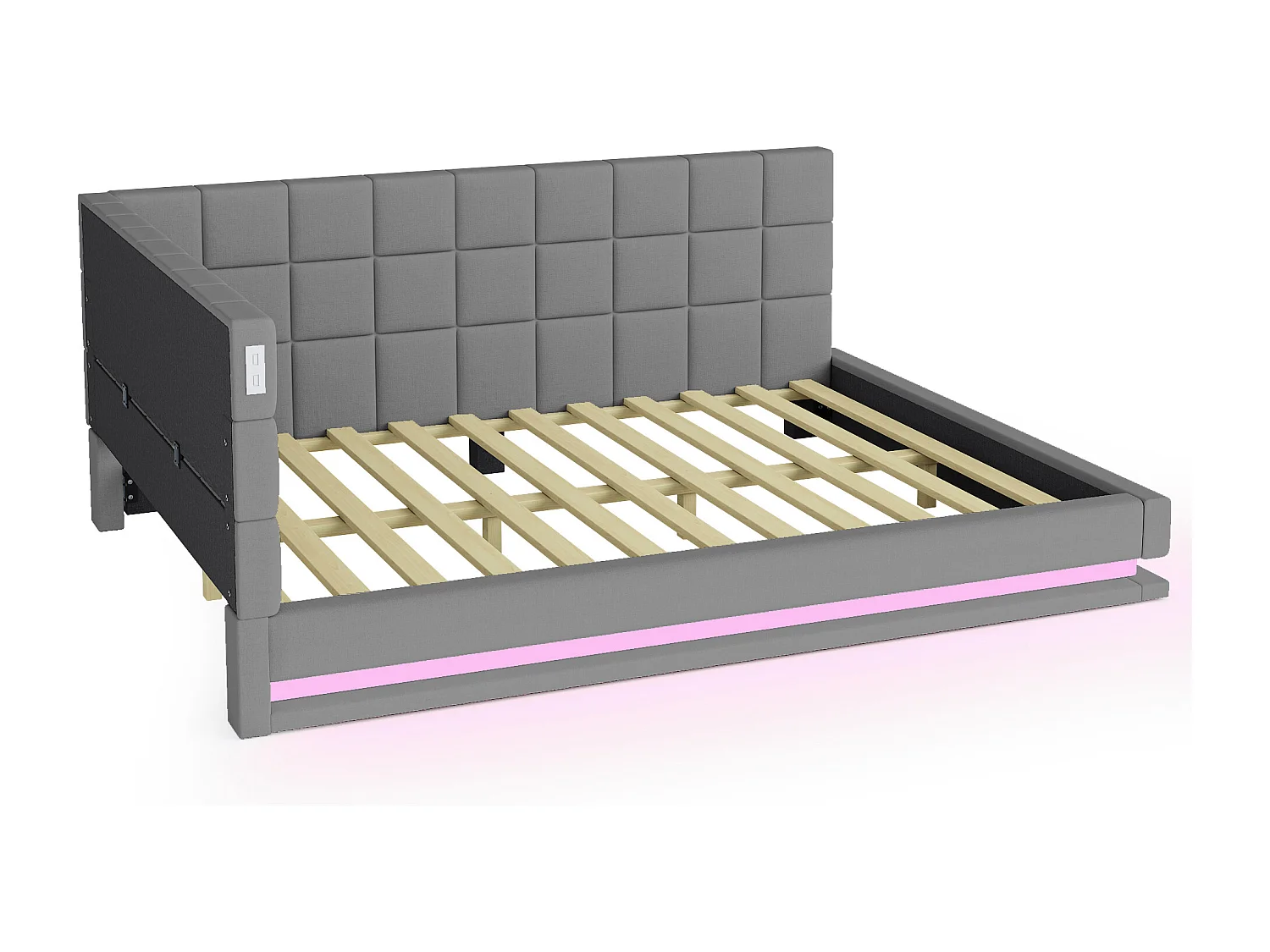 Lit capitonné 140 x 200 cm, canapé-lit avec tête de lit moelleux - bande lumineuse LED, prise USB - tissu en velours - gris (sans matelas)