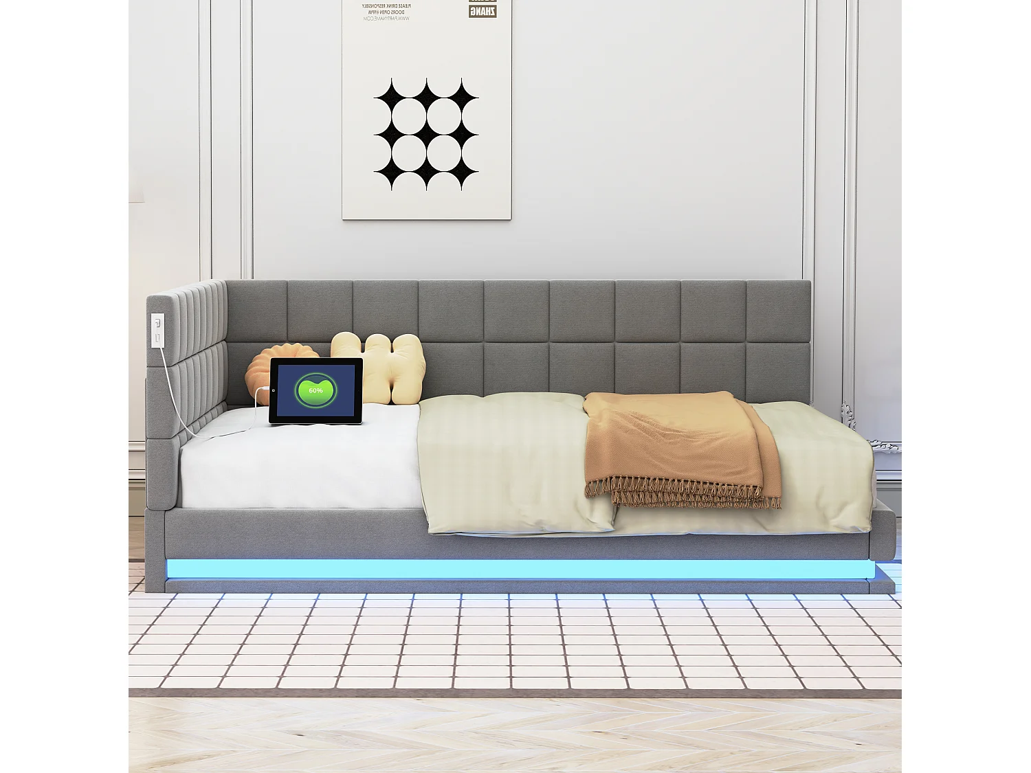 Polsterbett 140 x 200 cm, Schlafsofa mit weichem Kopfteil – LED-Lichtleiste, USB-Buchse – Samtstoff – Grau (ohne Matratze)