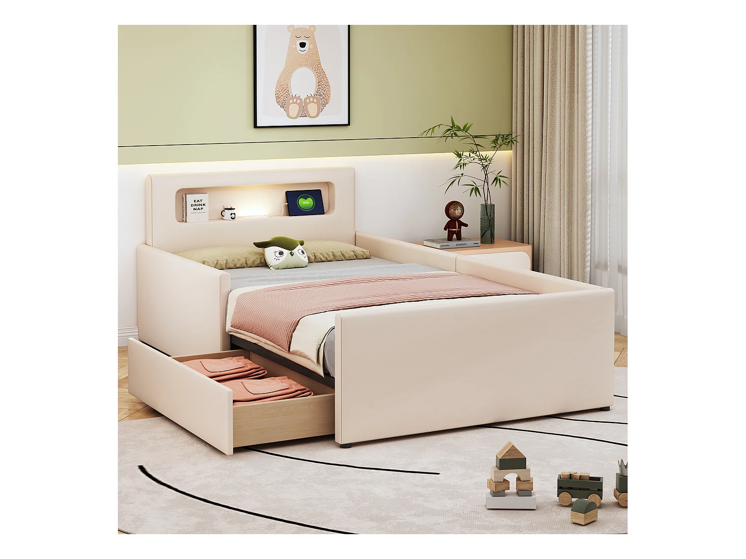 Polsterbett 90 x 200 cm mit 1 Schublade, Nachtlicht und USB-Buchse – Kunstleder – Beige (ohne Matratze)