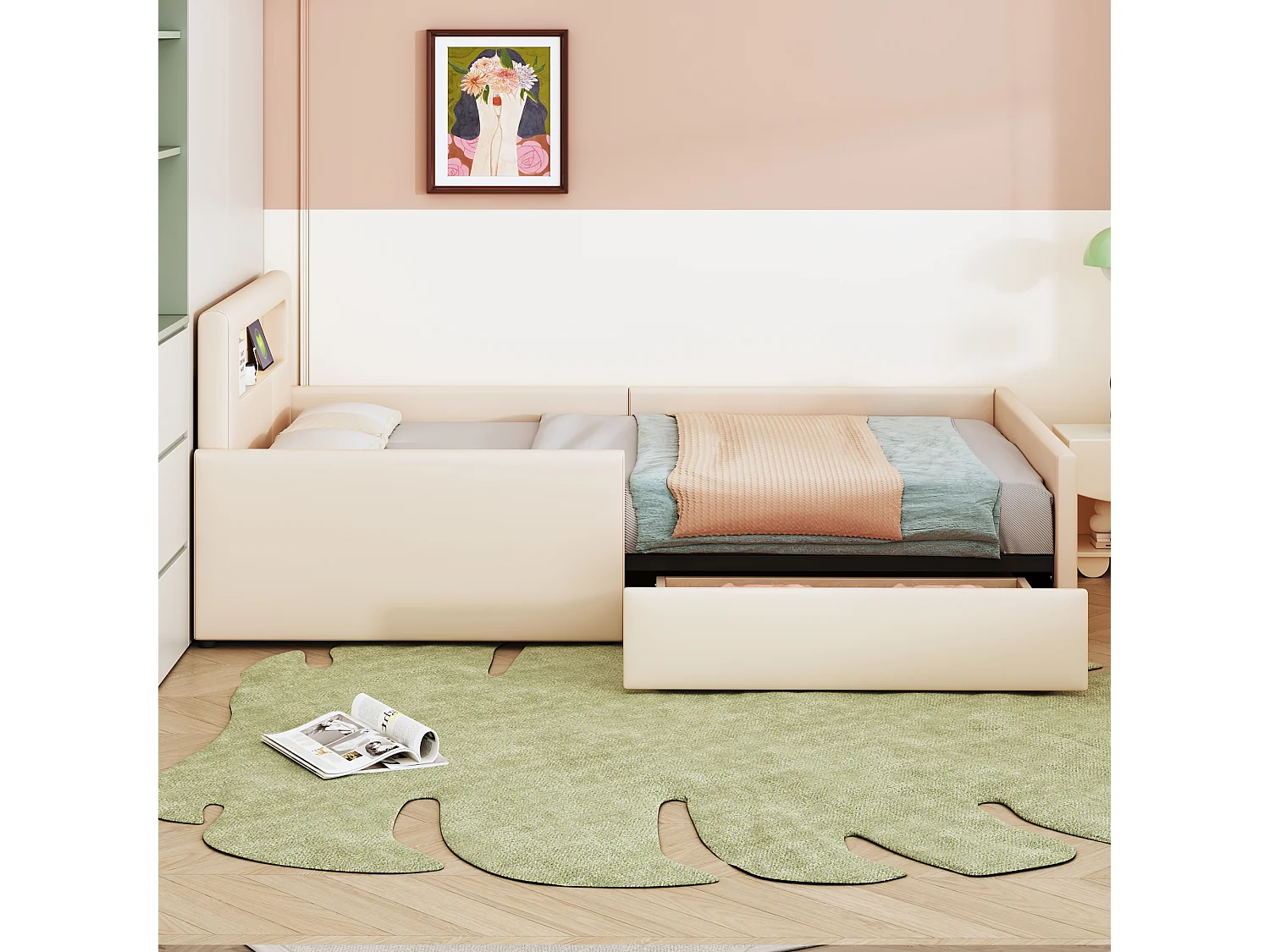 Gestoffeerd bed 90 x 200 cm met 1 lade, nachtlampje en USB-aansluiting - Kunstleer - Beige (zonder matras)