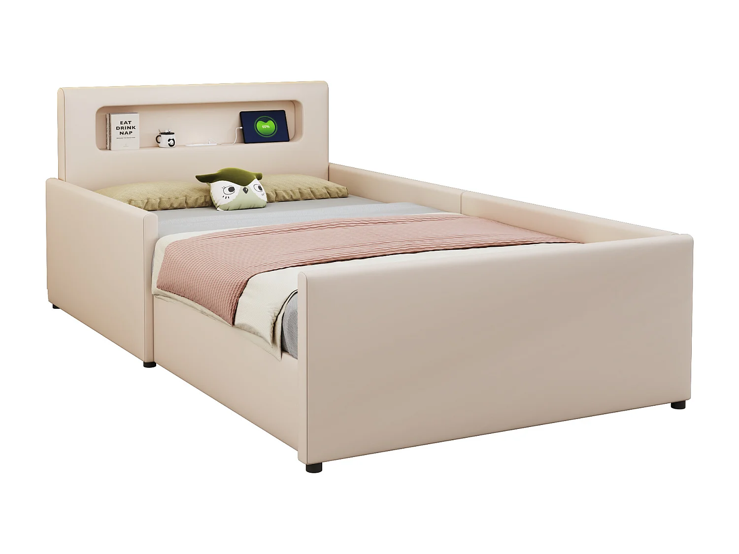 Gestoffeerd bed 90 x 200 cm met 1 lade, nachtlampje en USB-aansluiting - Kunstleer - Beige (zonder matras)