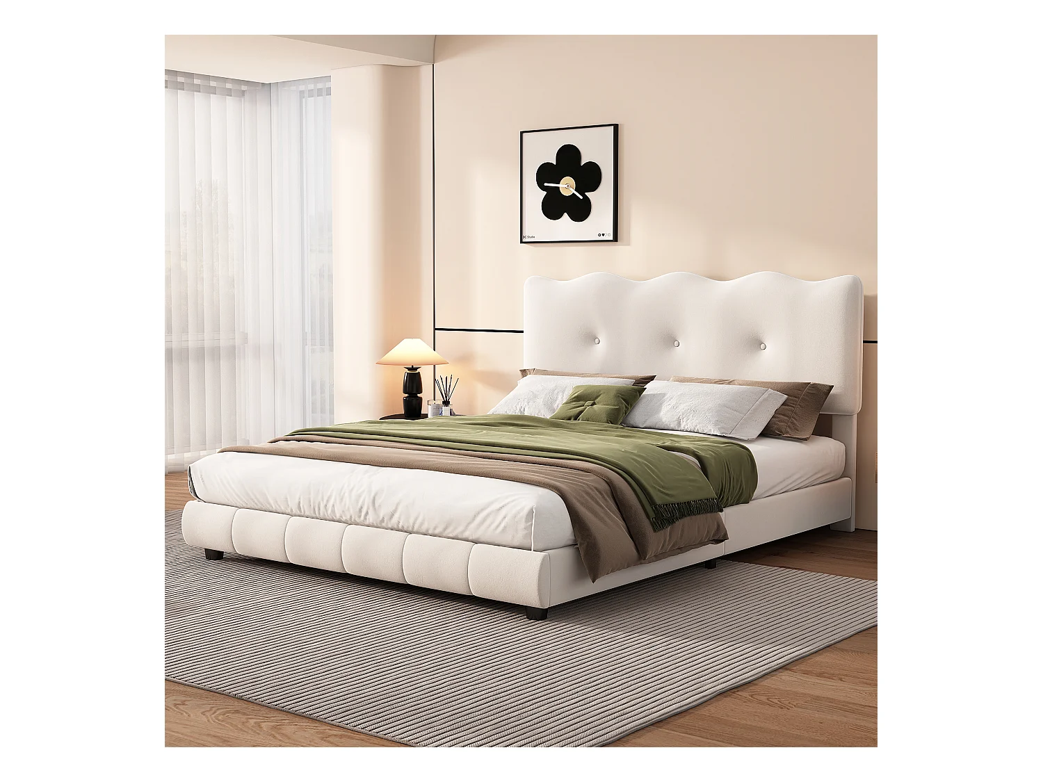 Lit capitonné 140 x 200 cm avec tête de lit réglable - Désign vague et nuage - Velours - Blanc (sans matelas)