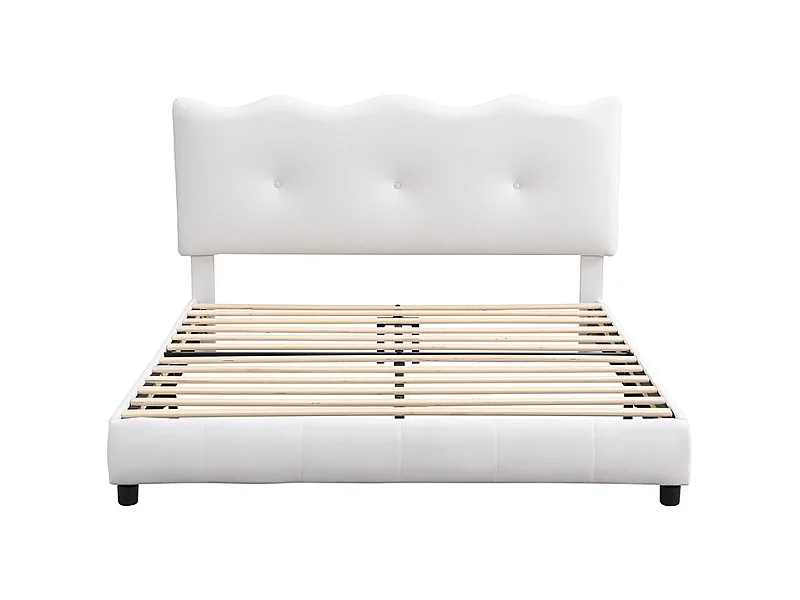 Lit capitonné 140 x 200 cm avec tête de lit réglable - Désign vague et nuage - Velours - Blanc (sans matelas)