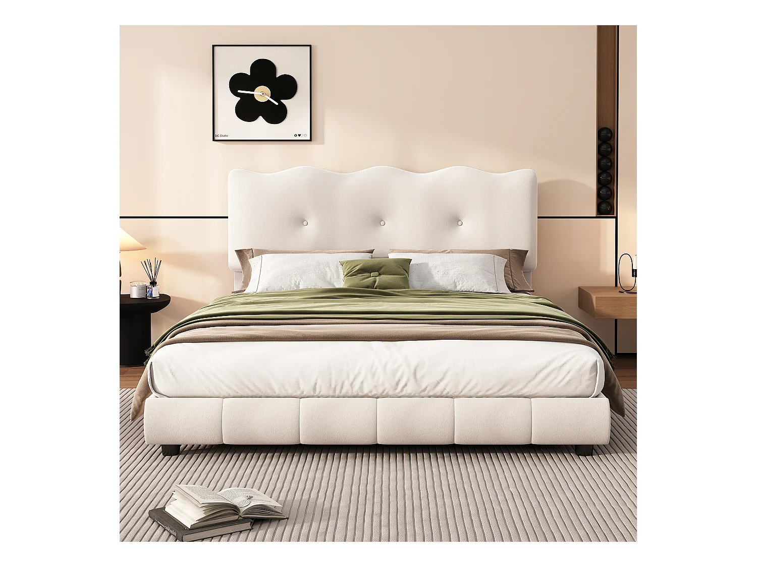 Lit capitonné 140 x 200 cm avec tête de lit réglable - Désign vague et nuage - Velours - Blanc (sans matelas)