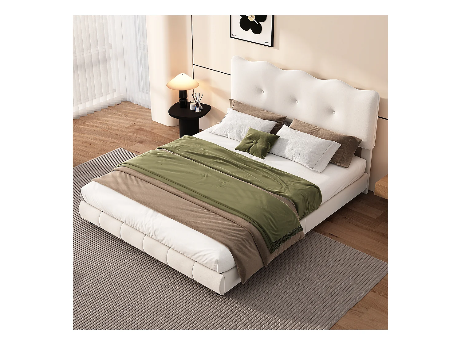 Lit capitonné 140 x 200 cm avec tête de lit réglable - Désign vague et nuage - Velours - Blanc (sans matelas)