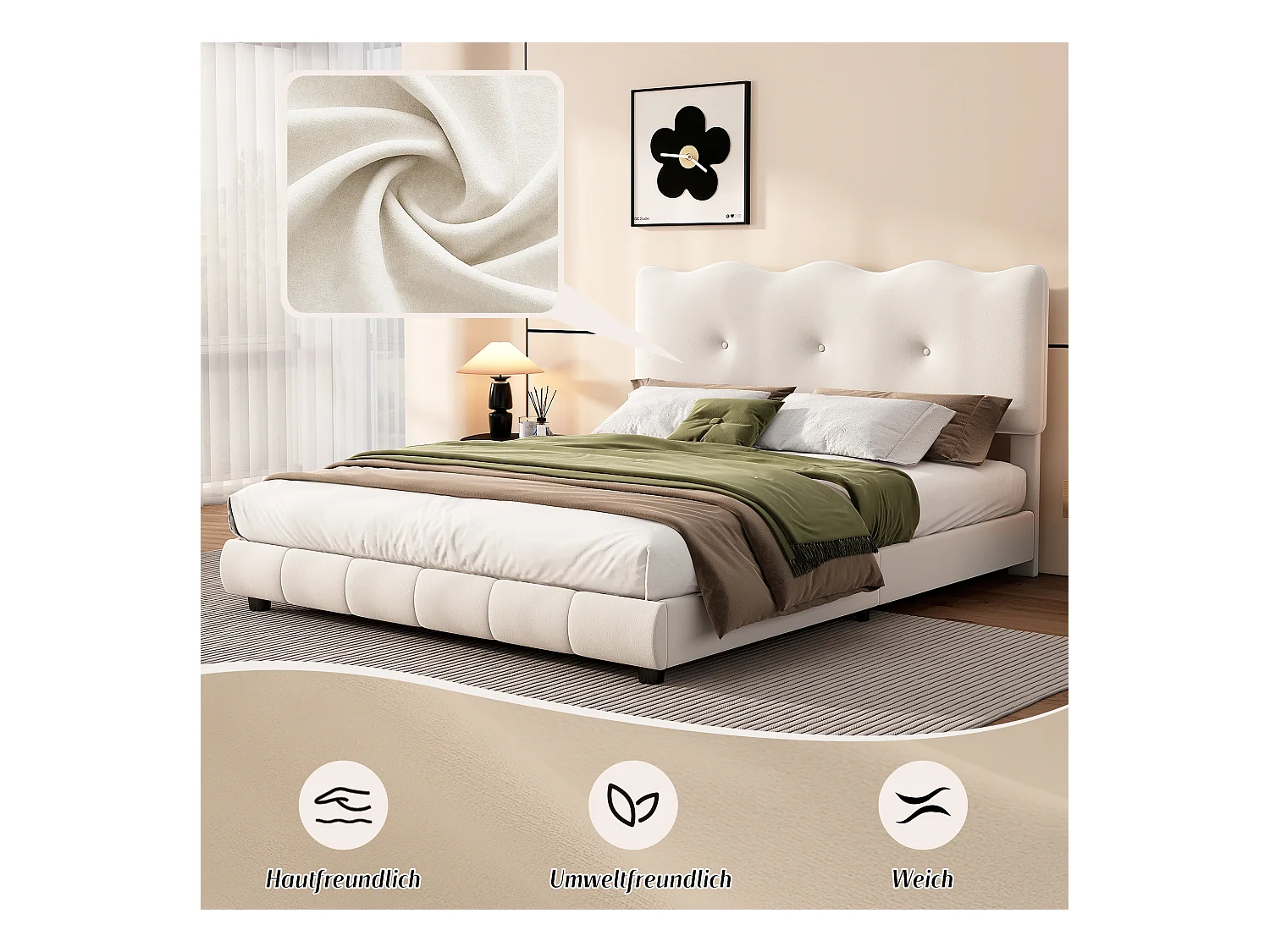 Lit capitonné 140 x 200 cm avec tête de lit réglable - Désign vague et nuage - Velours - Blanc (sans matelas)