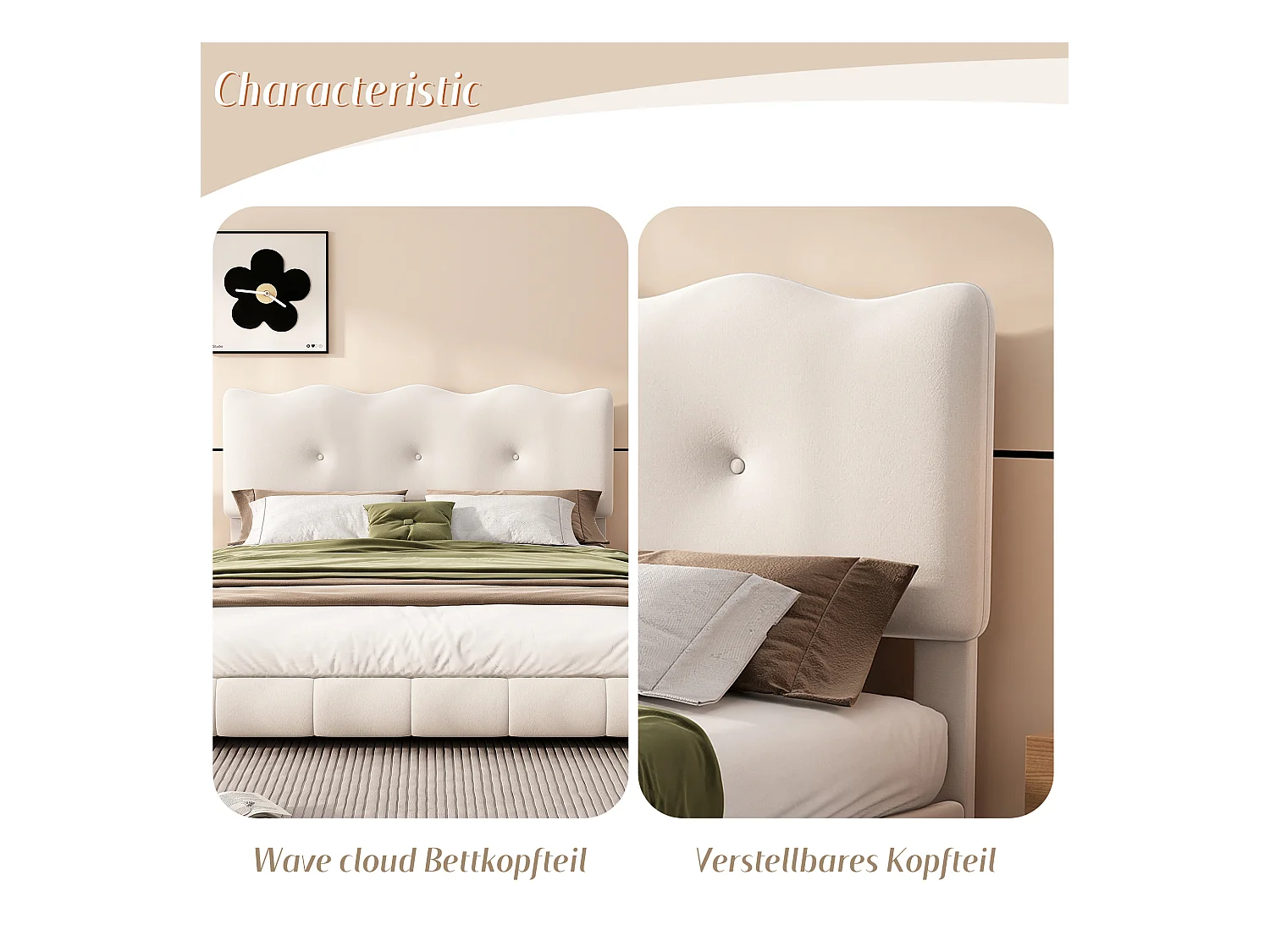 Lit capitonné 140 x 200 cm avec tête de lit réglable - Désign vague et nuage - Velours - Blanc (sans matelas)