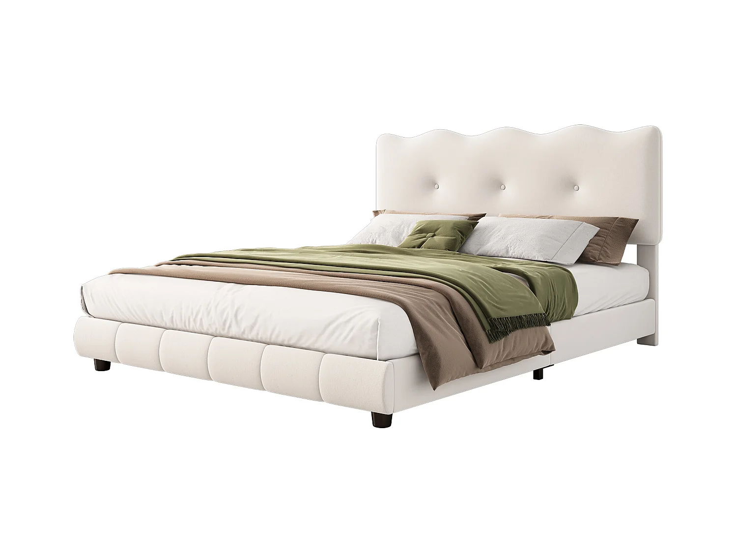 Lit capitonné 140 x 200 cm avec tête de lit réglable - Désign vague et nuage - Velours - Blanc (sans matelas)