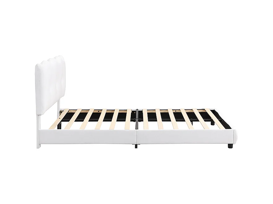 Lit capitonné 140 x 200 cm avec tête de lit réglable - Désign vague et nuage - Velours - Blanc (sans matelas)