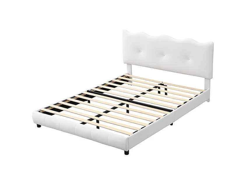 Lit capitonné 140 x 200 cm avec tête de lit réglable - Désign vague et nuage - Velours - Blanc (sans matelas)