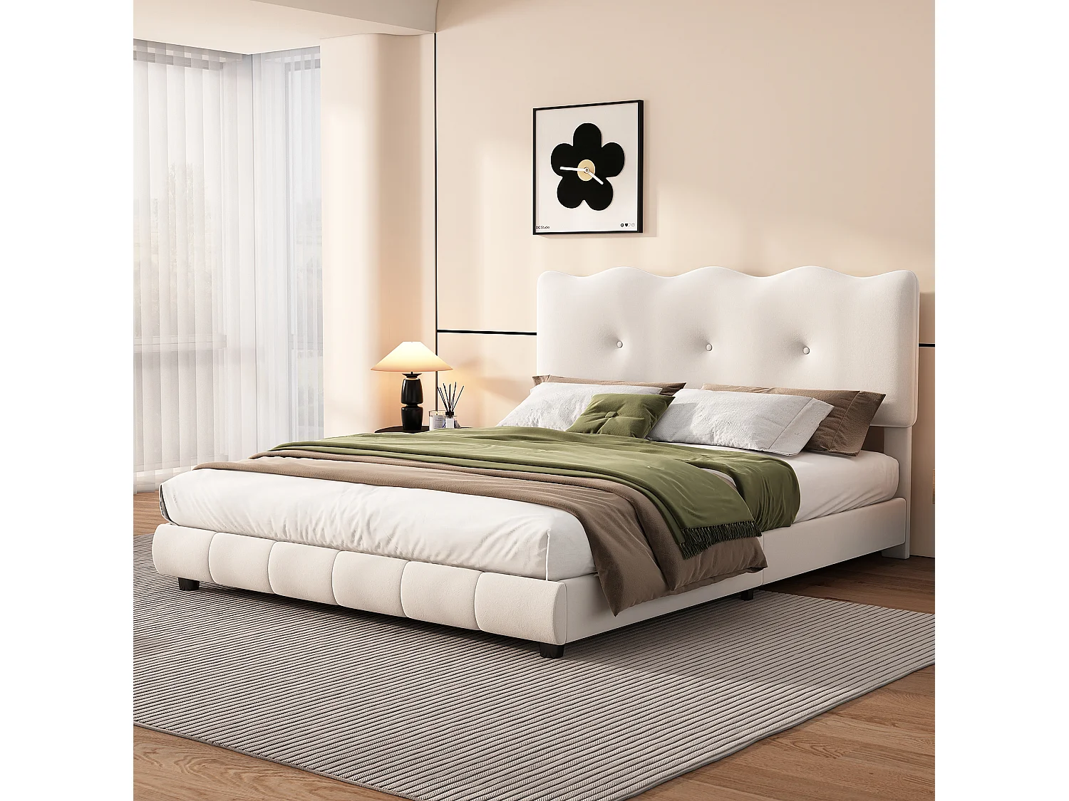 Polsterbett 140 x 200 cm mit verstellbarem Kopfteil – Wellen- und Wolkendesign – Samt – Weiß (ohne Matratze)