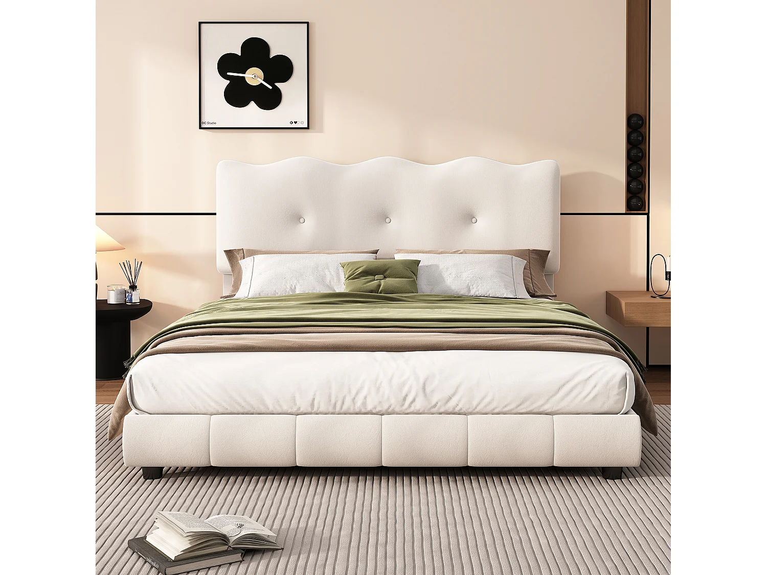 Polsterbett 140 x 200 cm mit verstellbarem Kopfteil – Wellen- und Wolkendesign – Samt – Weiß (ohne Matratze)