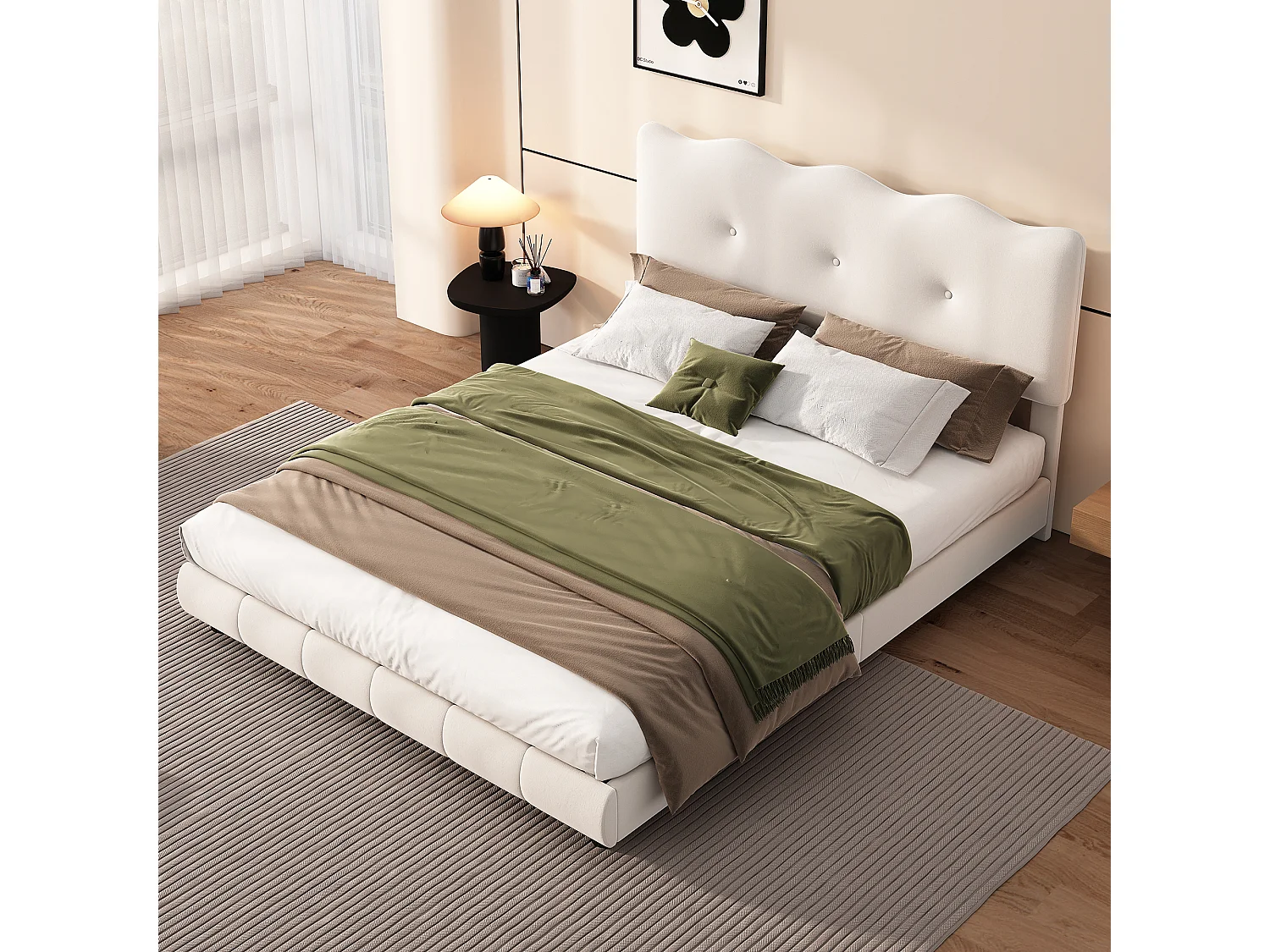 Polsterbett 140 x 200 cm mit verstellbarem Kopfteil – Wellen- und Wolkendesign – Samt – Weiß (ohne Matratze)