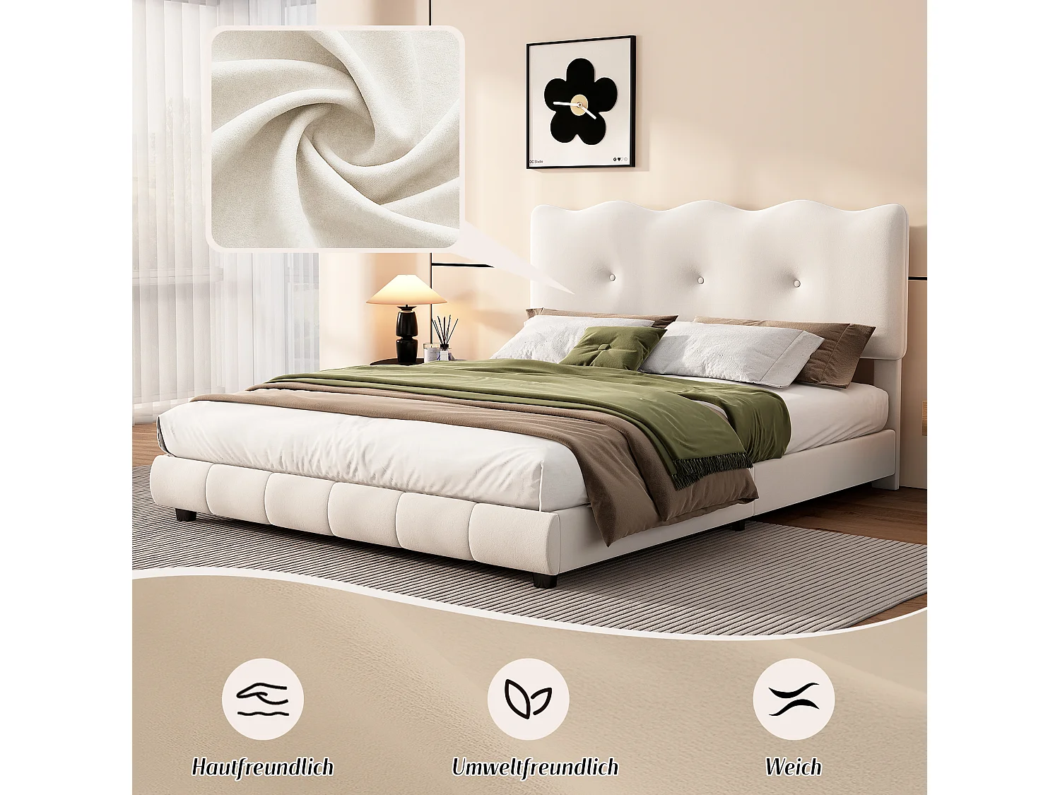 Polsterbett 140 x 200 cm mit verstellbarem Kopfteil – Wellen- und Wolkendesign – Samt – Weiß (ohne Matratze)