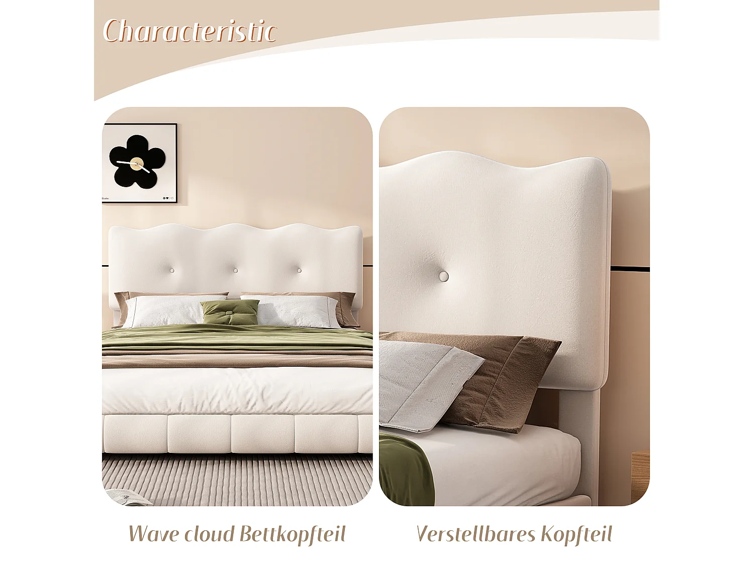 Polsterbett 140 x 200 cm mit verstellbarem Kopfteil – Wellen- und Wolkendesign – Samt – Weiß (ohne Matratze)