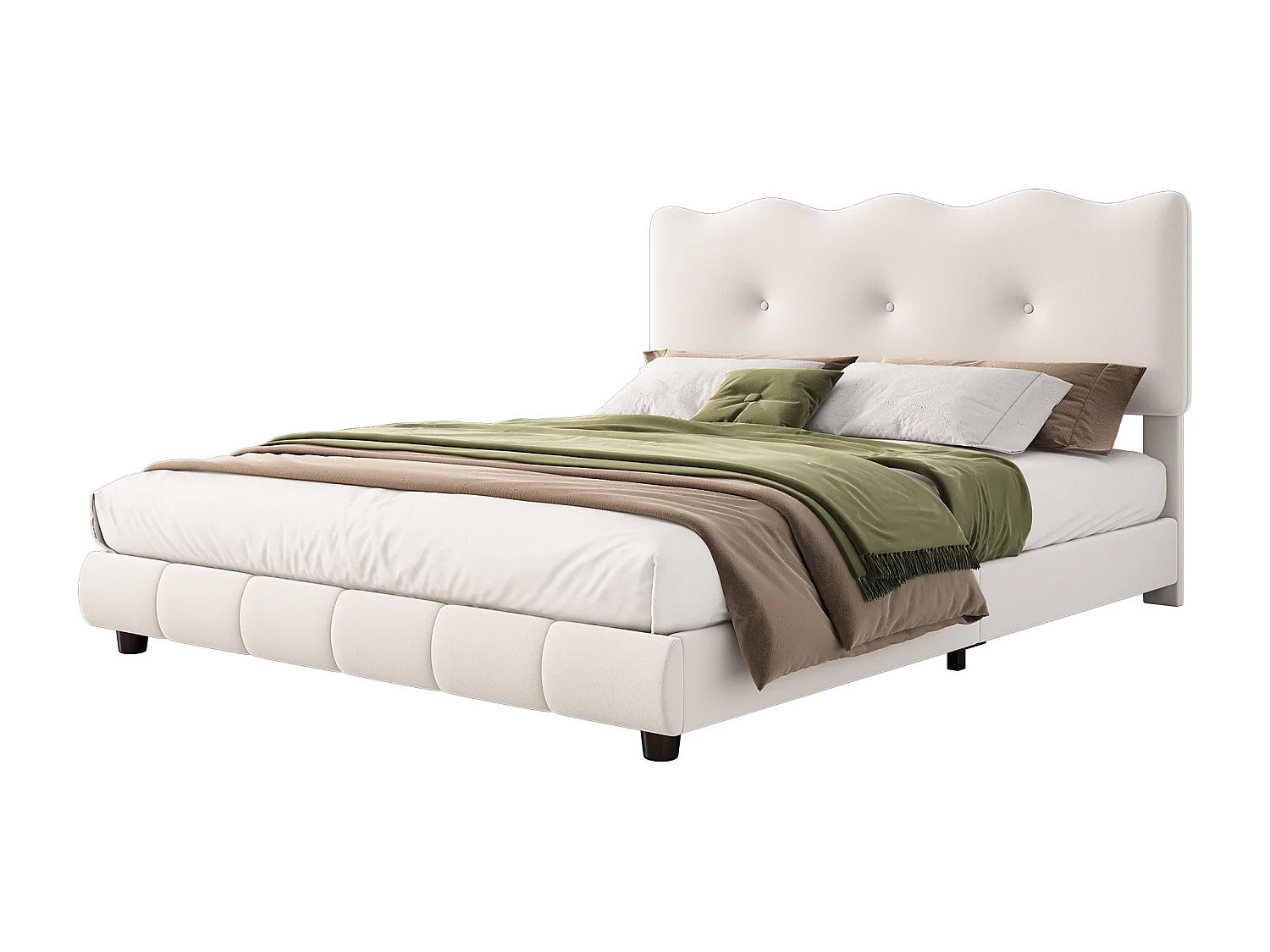 Polsterbett 140 x 200 cm mit verstellbarem Kopfteil – Wellen- und Wolkendesign – Samt – Weiß (ohne Matratze)