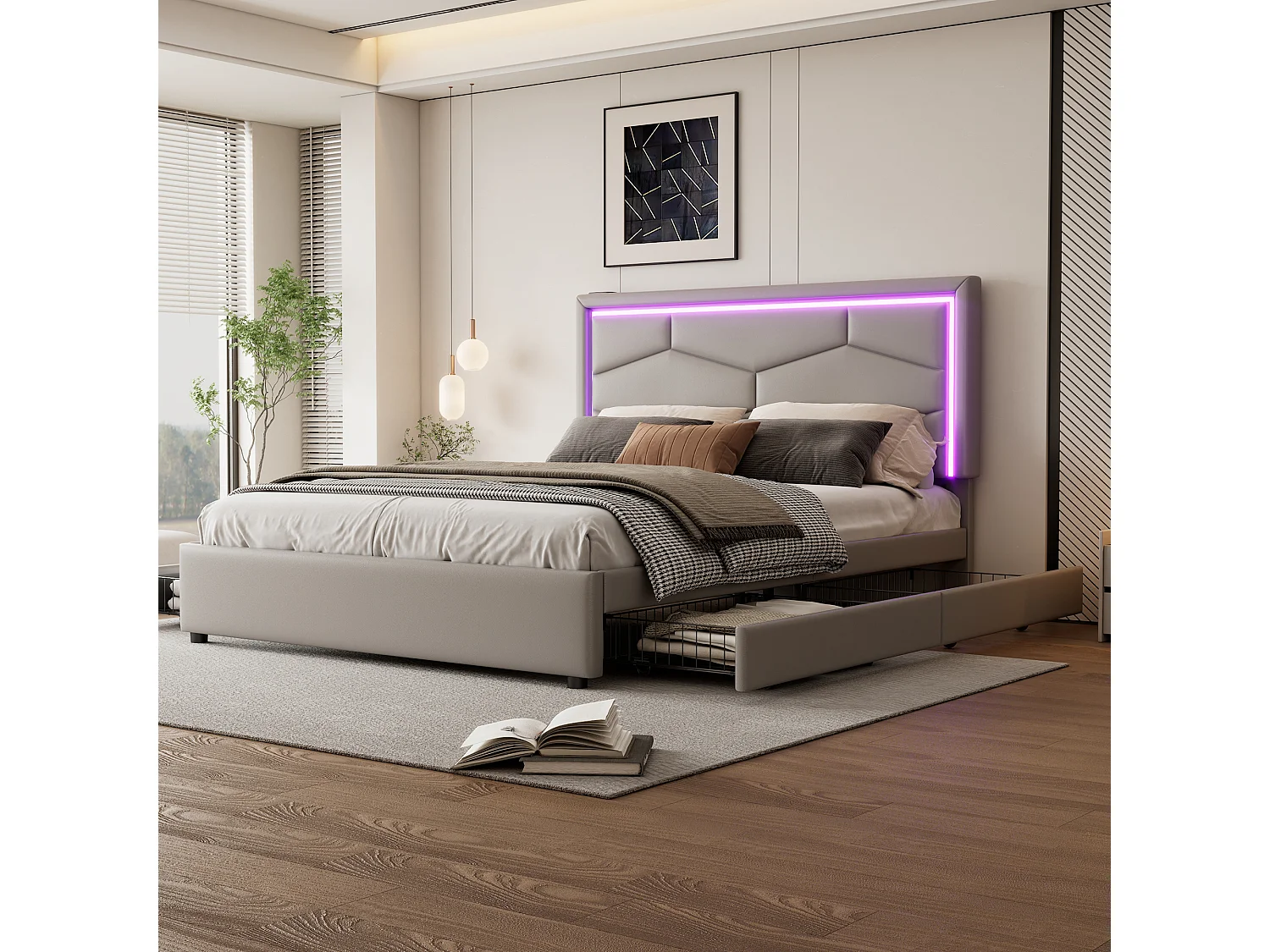 Lit capitonné 140 x 200 cm avec 4 tiroirs et tête de lit réglable -  USB + Type C - Cuir PU - Gris (sans matelas)