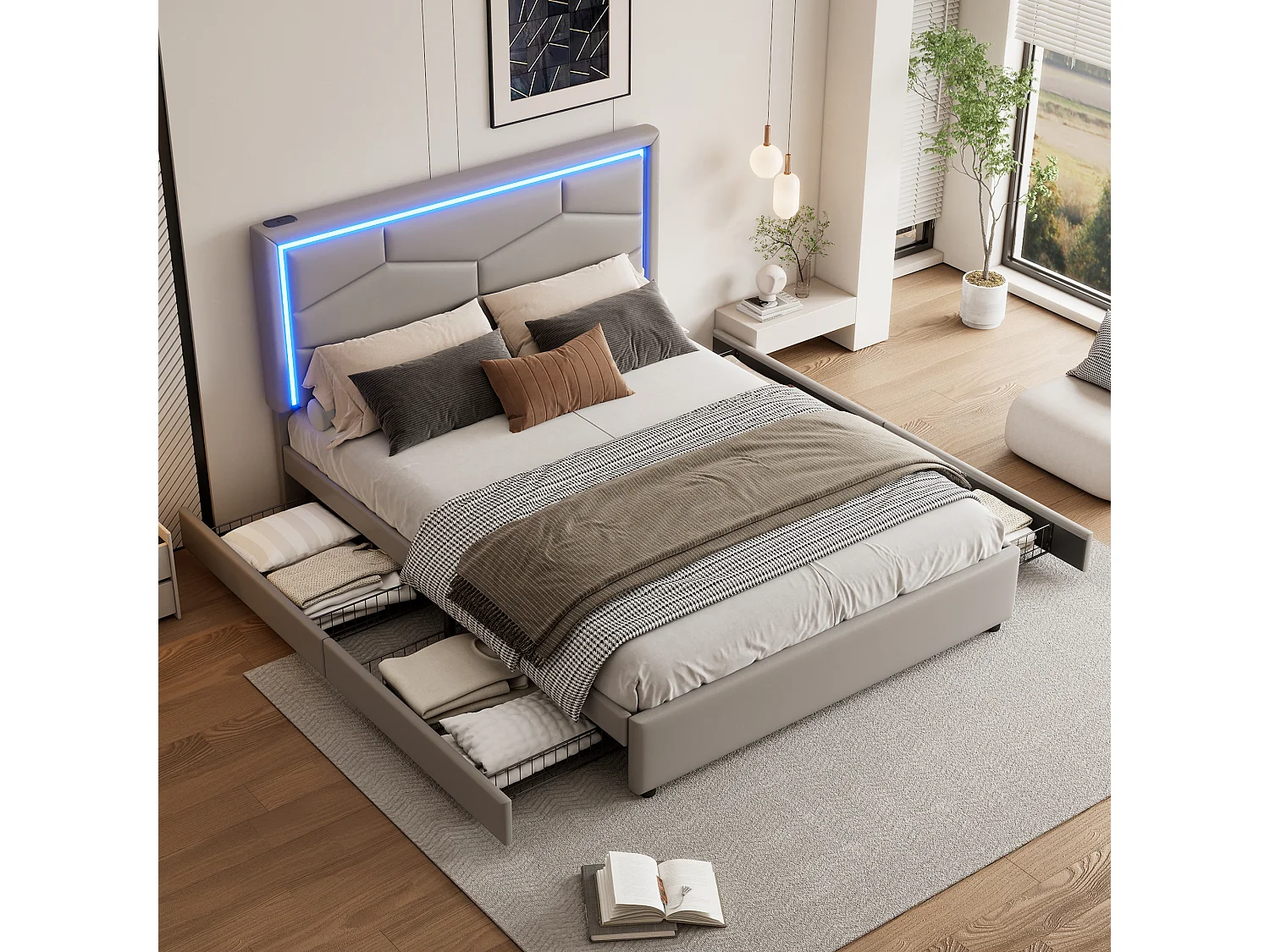 Lit capitonné 140 x 200 cm avec 4 tiroirs et tête de lit réglable -  USB + Type C - Cuir PU - Gris (sans matelas)