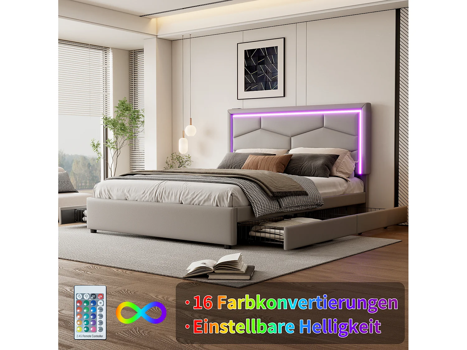 Lit capitonné 140 x 200 cm avec 4 tiroirs et tête de lit réglable -  USB + Type C - Cuir PU - Gris (sans matelas)