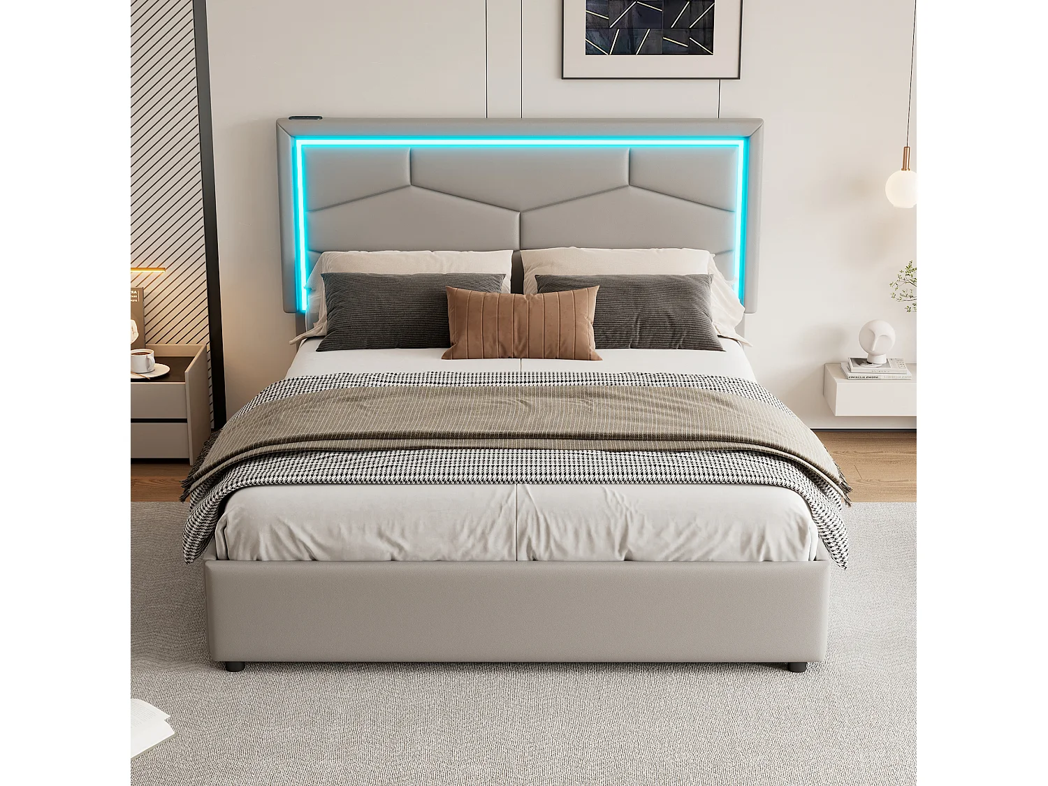 Lit capitonné 140 x 200 cm avec 4 tiroirs et tête de lit réglable -  USB + Type C - Cuir PU - Gris (sans matelas)