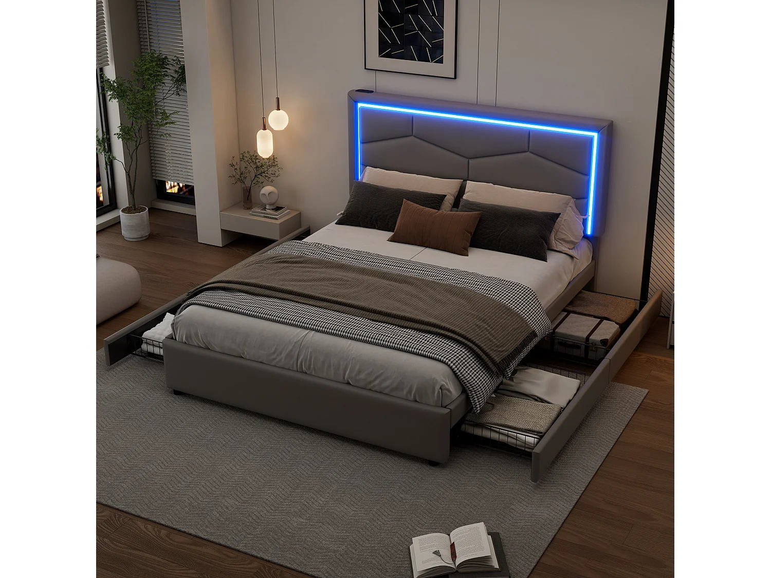 Lit capitonné 140 x 200 cm avec 4 tiroirs et tête de lit réglable -  USB + Type C - Cuir PU - Gris (sans matelas)