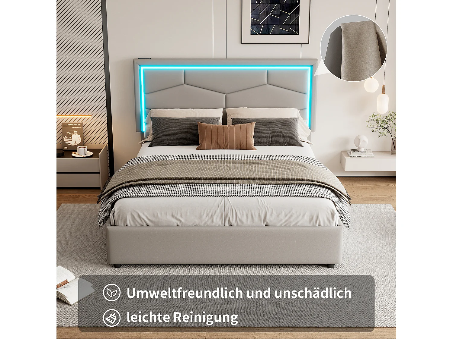 Lit capitonné 140 x 200 cm avec 4 tiroirs et tête de lit réglable -  USB + Type C - Cuir PU - Gris (sans matelas)