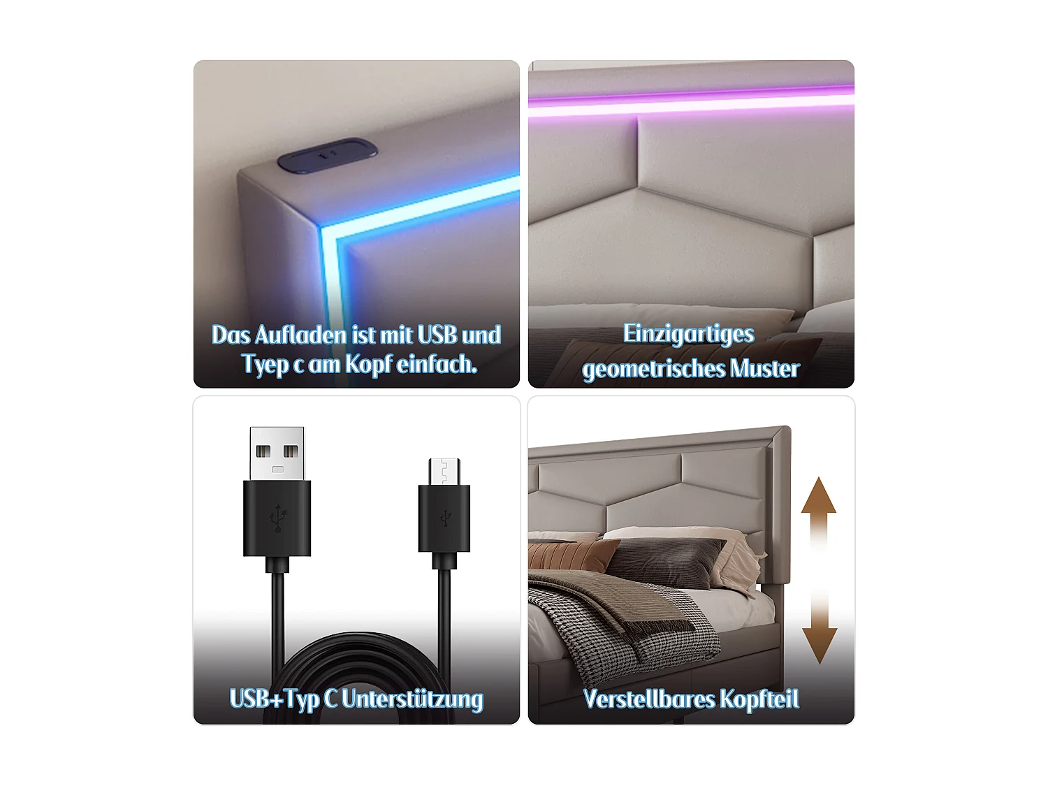 Lit capitonné 140 x 200 cm avec 4 tiroirs et tête de lit réglable -  USB + Type C - Cuir PU - Gris (sans matelas)