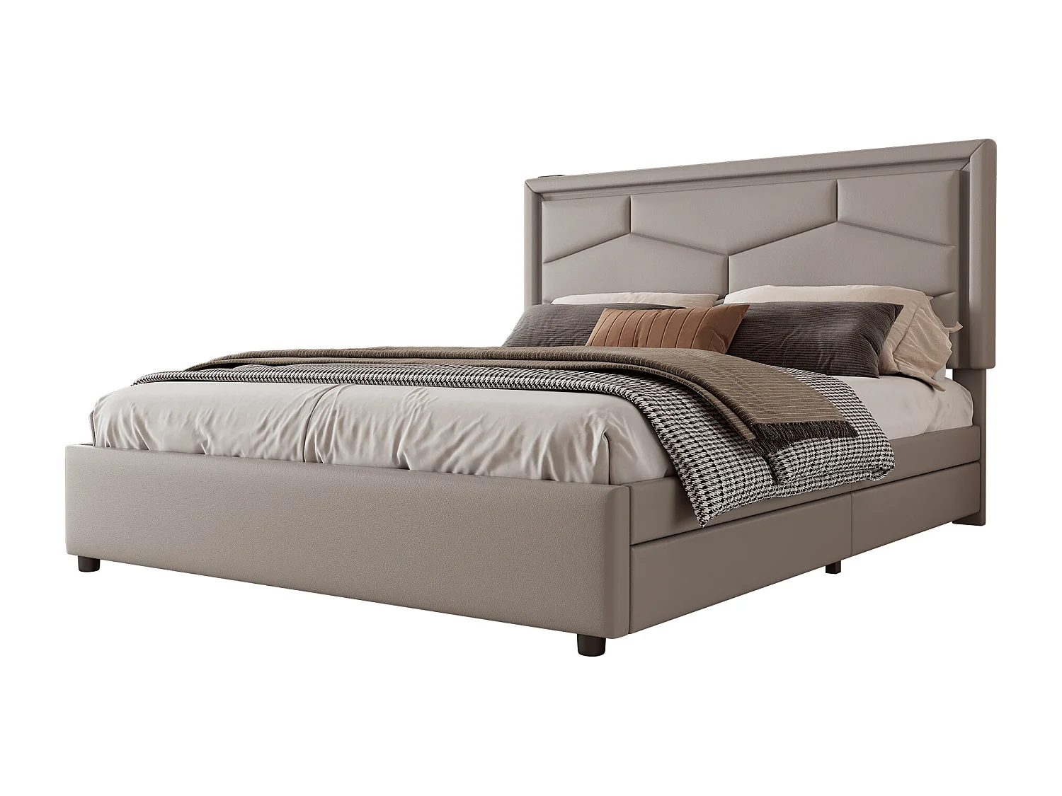 Lit capitonné 140 x 200 cm avec 4 tiroirs et tête de lit réglable -  USB + Type C - Cuir PU - Gris (sans matelas)