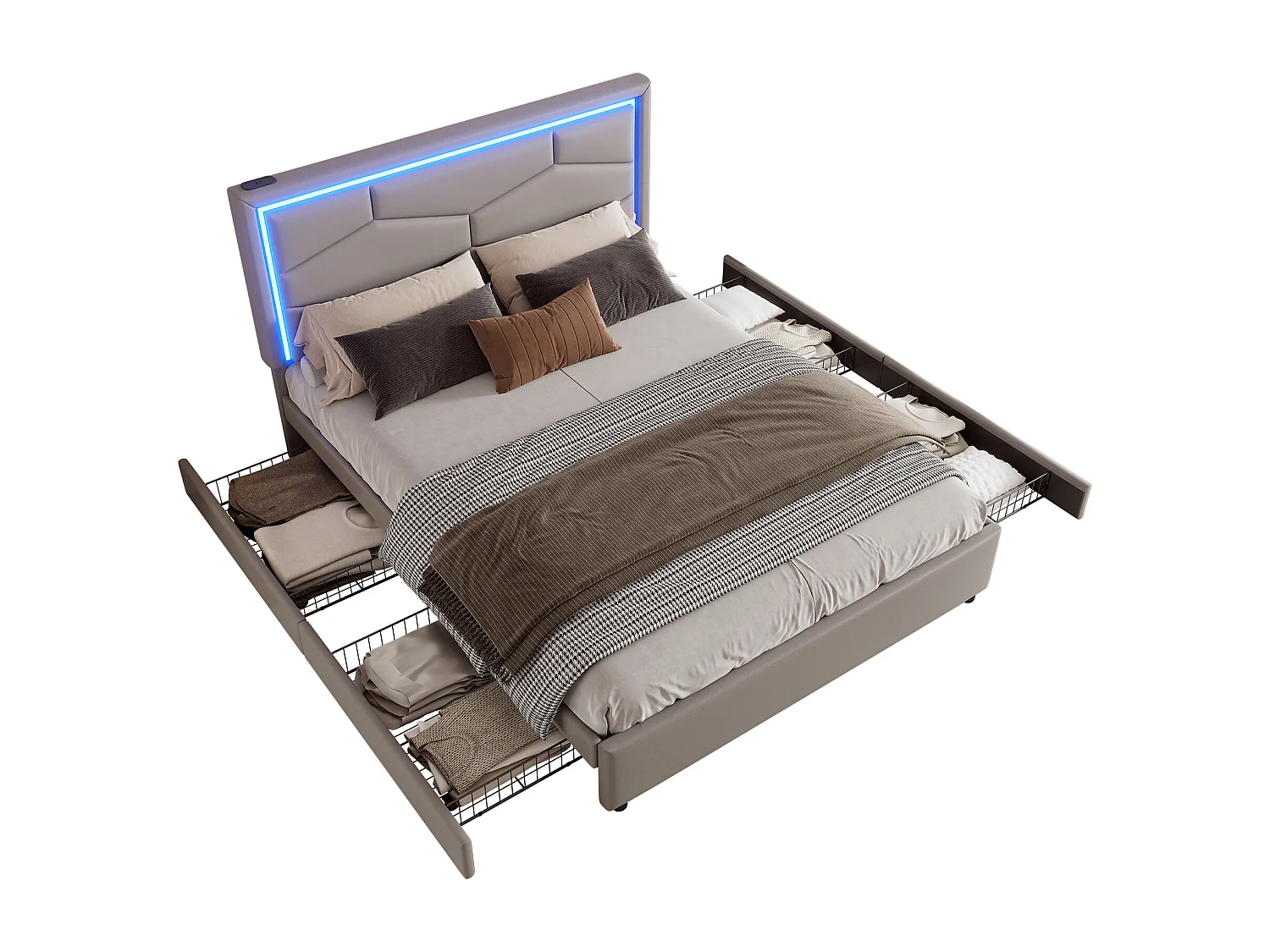 Lit capitonné 140 x 200 cm avec 4 tiroirs et tête de lit réglable -  USB + Type C - Cuir PU - Gris (sans matelas)