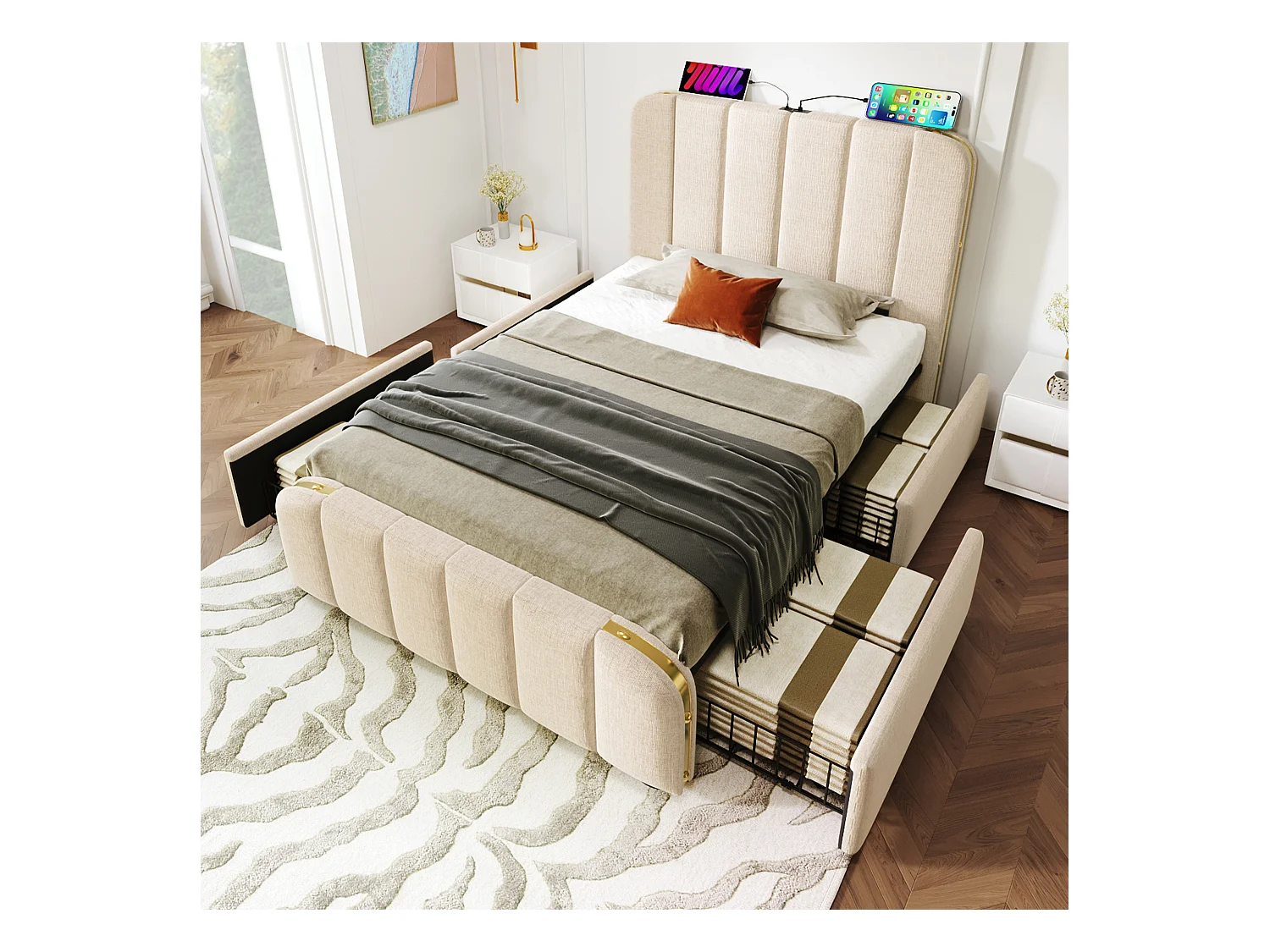 Lit capitonné 90 x 200 cm avec 4 tiroirs et tête de lit - prise USB Type-C - tissu en lin - beige (sans matelas)