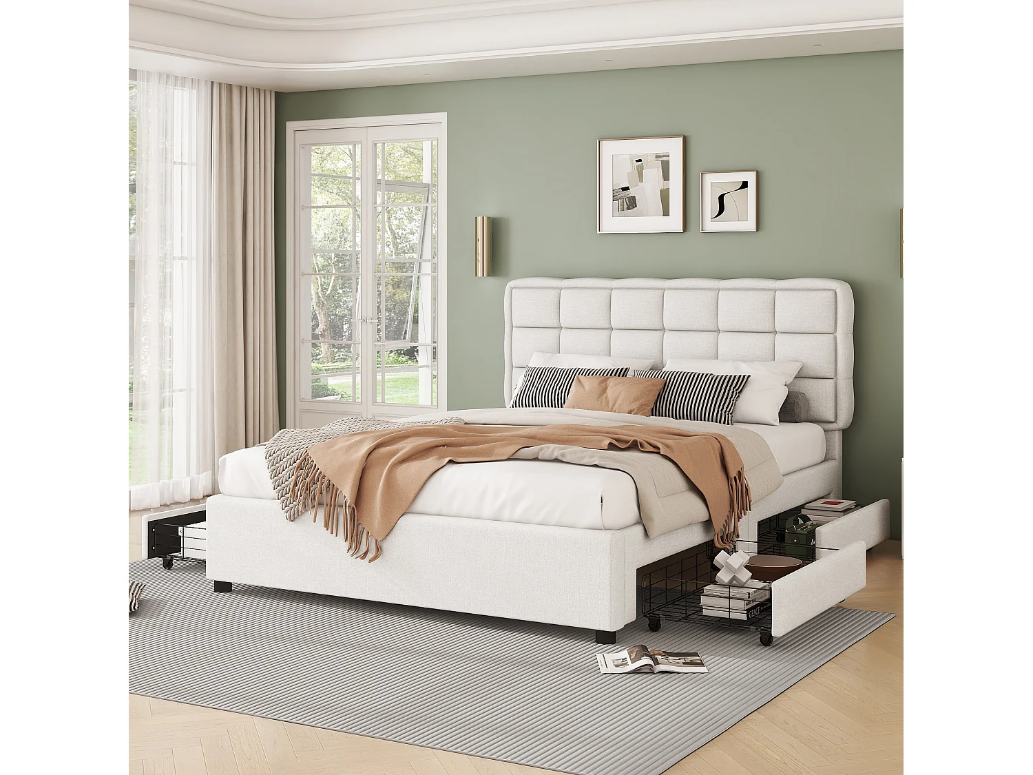 Polsterbett 140 x 200 cm mit 4 Schubladen und Kopfteil – Leinenstoff – für Erwachsene – Beige (ohne Matratze)