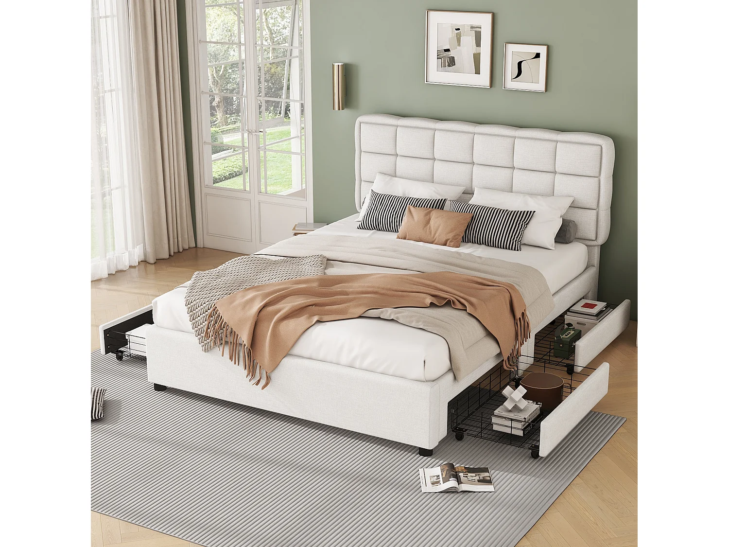 Polsterbett 140 x 200 cm mit 4 Schubladen und Kopfteil – Leinenstoff – für Erwachsene – Beige (ohne Matratze)