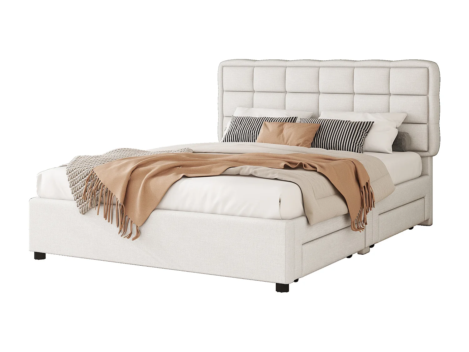 Polsterbett 140 x 200 cm mit 4 Schubladen und Kopfteil – Leinenstoff – für Erwachsene – Beige (ohne Matratze)