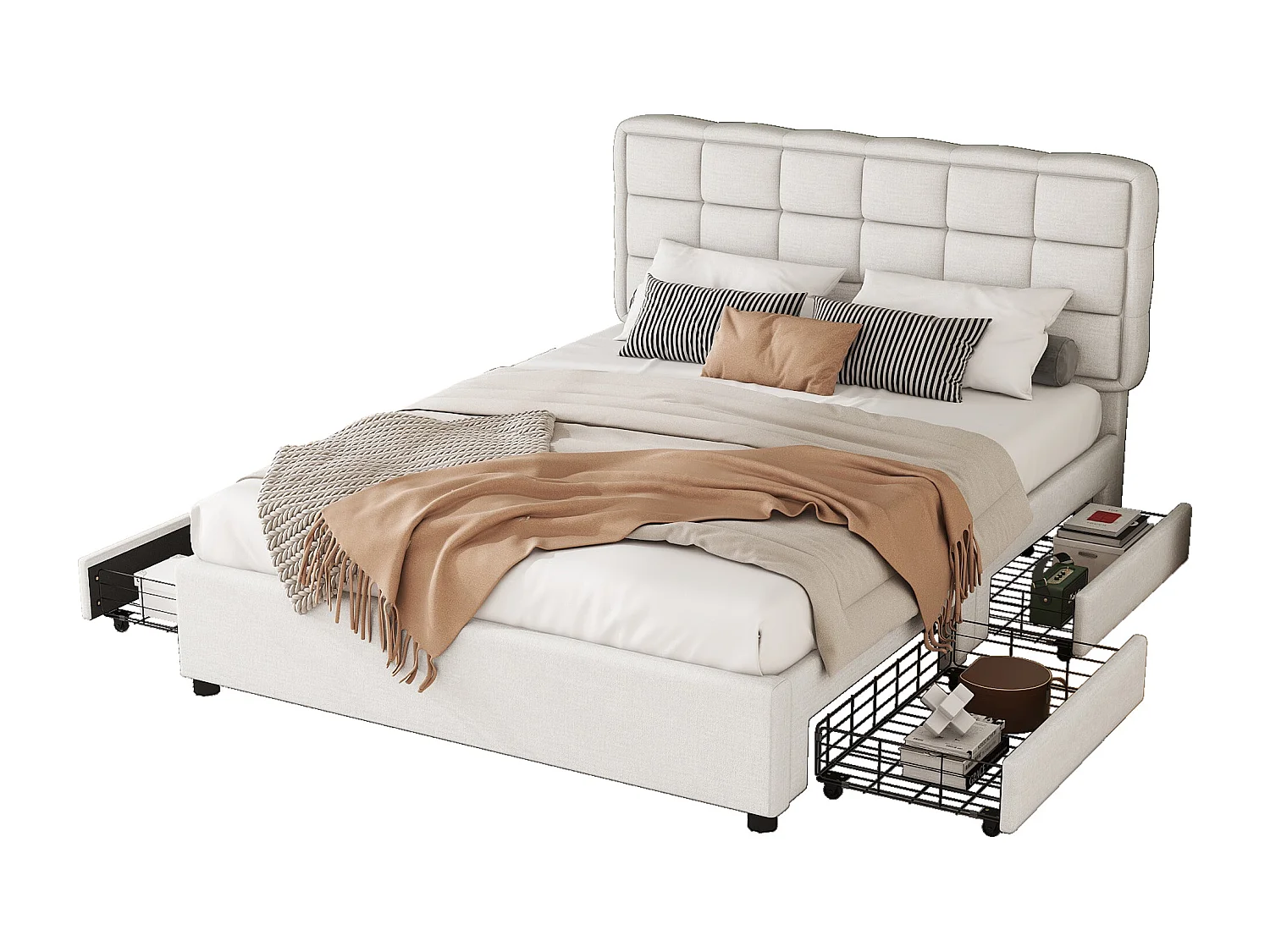 Polsterbett 140 x 200 cm mit 4 Schubladen und Kopfteil – Leinenstoff – für Erwachsene – Beige (ohne Matratze)