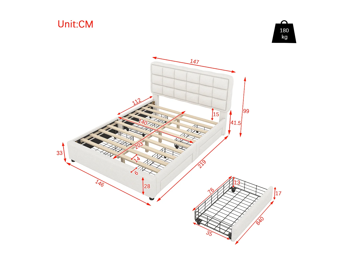 Polsterbett 140 x 200 cm mit 4 Schubladen und Kopfteil – Leinenstoff – für Erwachsene – Beige (ohne Matratze)