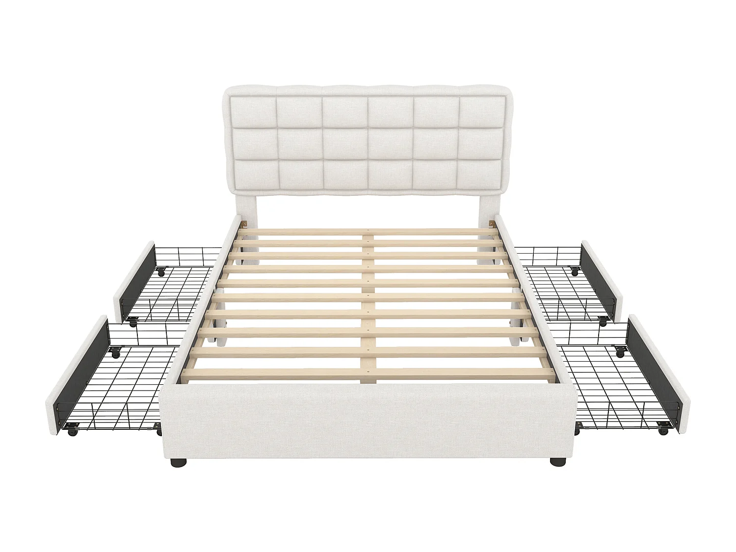 Polsterbett 140 x 200 cm mit 4 Schubladen und Kopfteil – Leinenstoff – für Erwachsene – Beige (ohne Matratze)