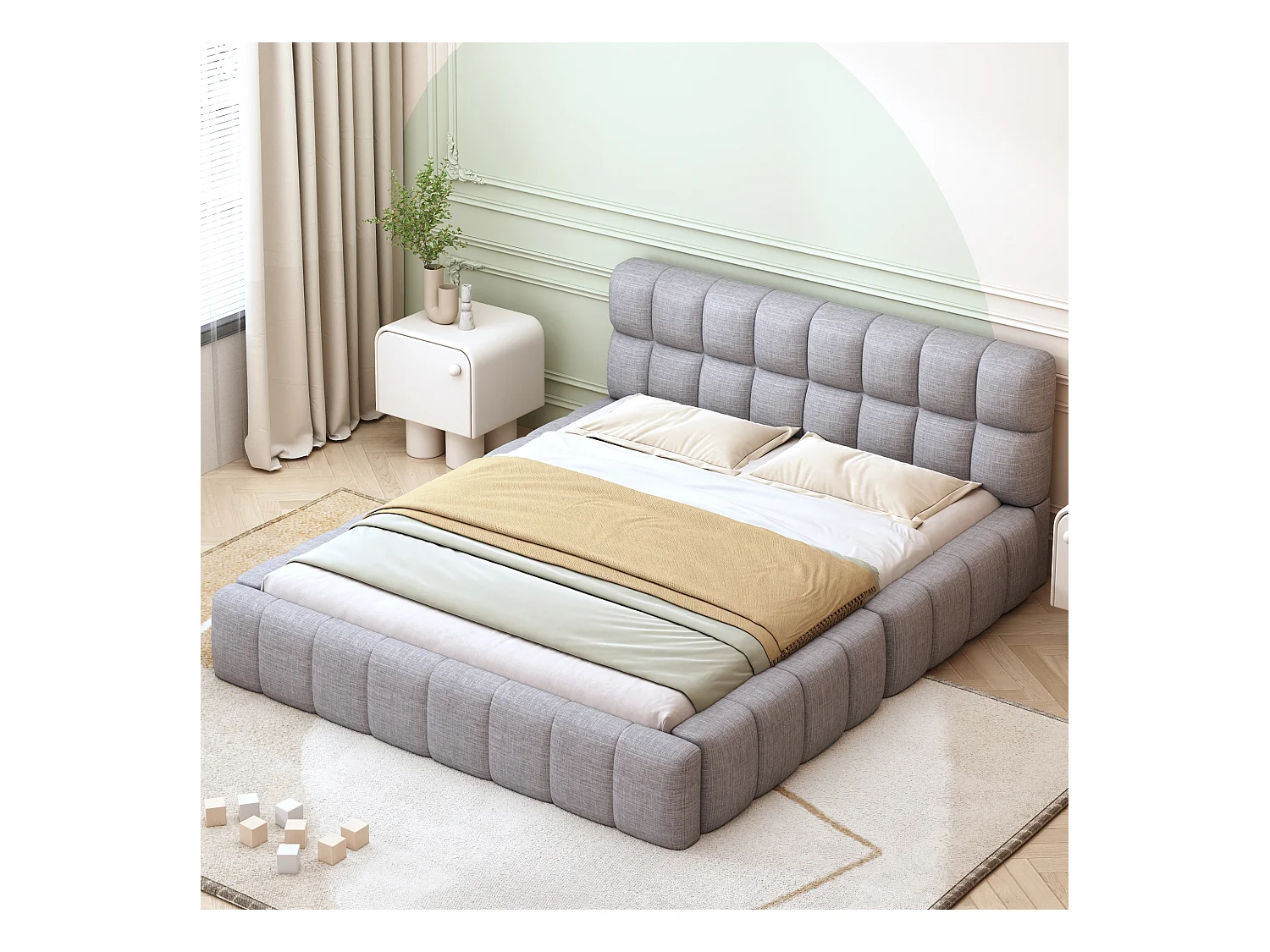Lit capitonné 140 x 200 cm avec tête de lit moelleux et bordure rembourrée, tissu en lin, gris (sans matelas)