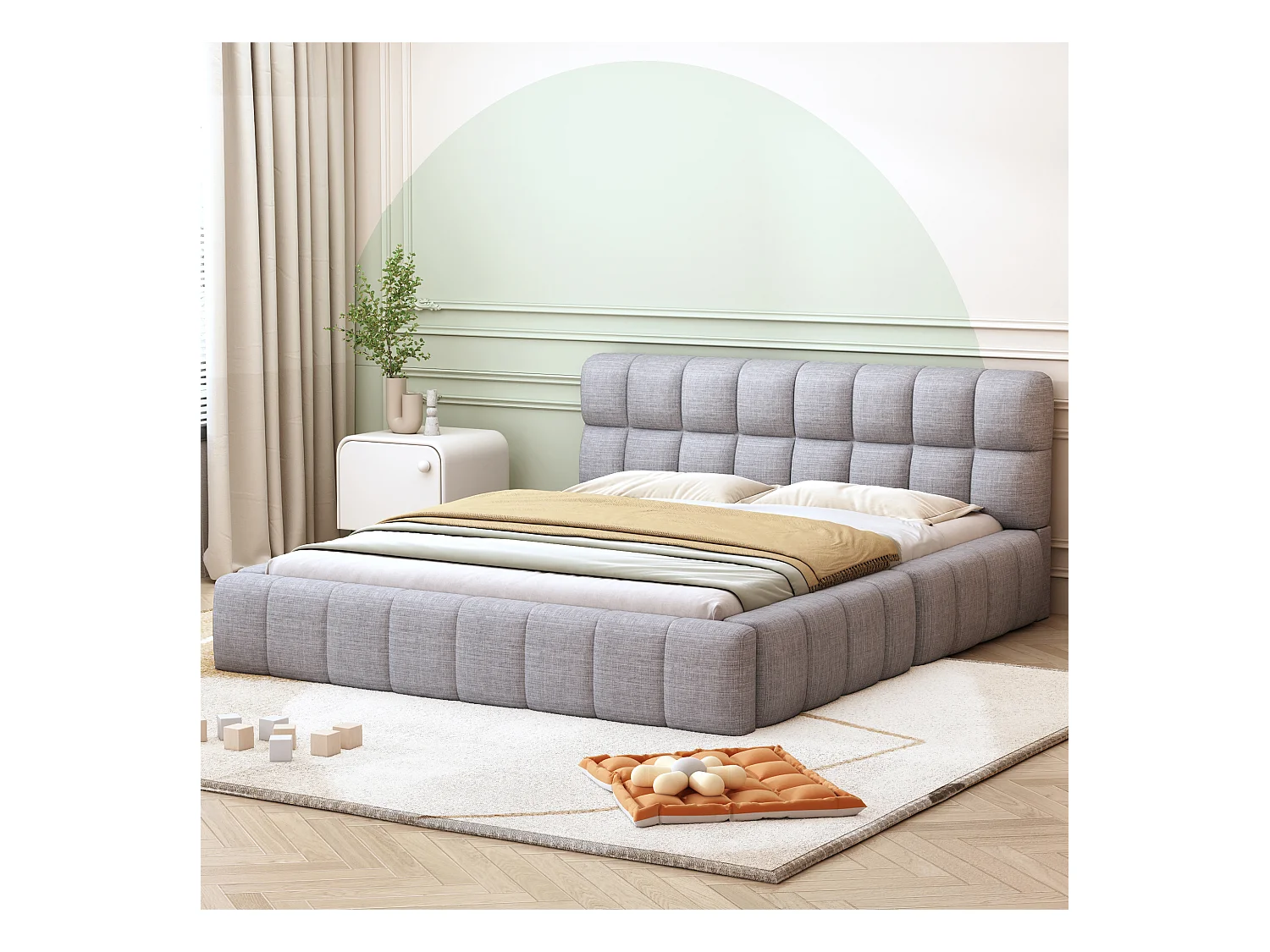 Lit capitonné 140 x 200 cm avec tête de lit moelleux et bordure rembourrée, tissu en lin, gris (sans matelas)