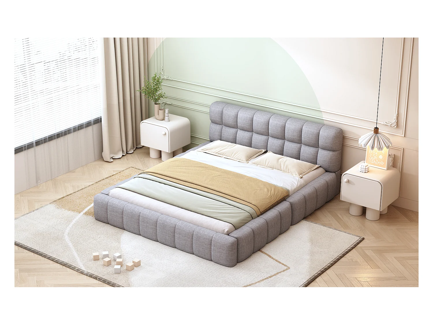 Lit capitonné 140 x 200 cm avec tête de lit moelleux et bordure rembourrée, tissu en lin, gris (sans matelas)