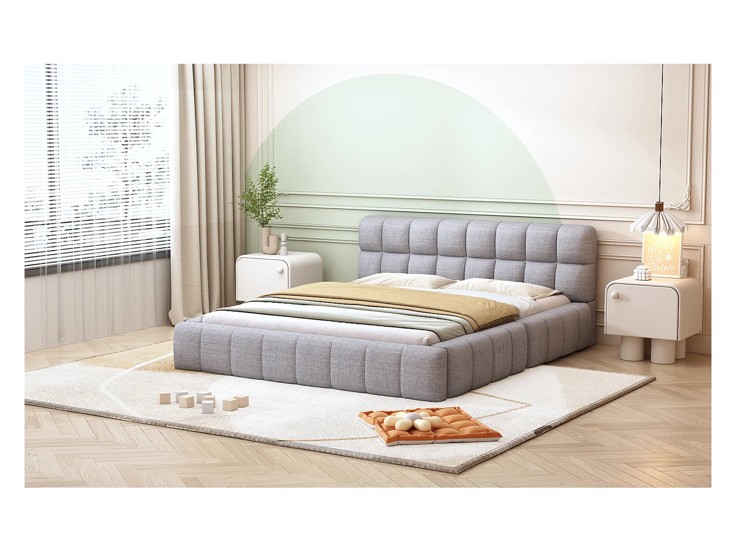 Lit capitonné 140 x 200 cm avec tête de lit moelleux et bordure rembourrée, tissu en lin, gris (sans matelas)